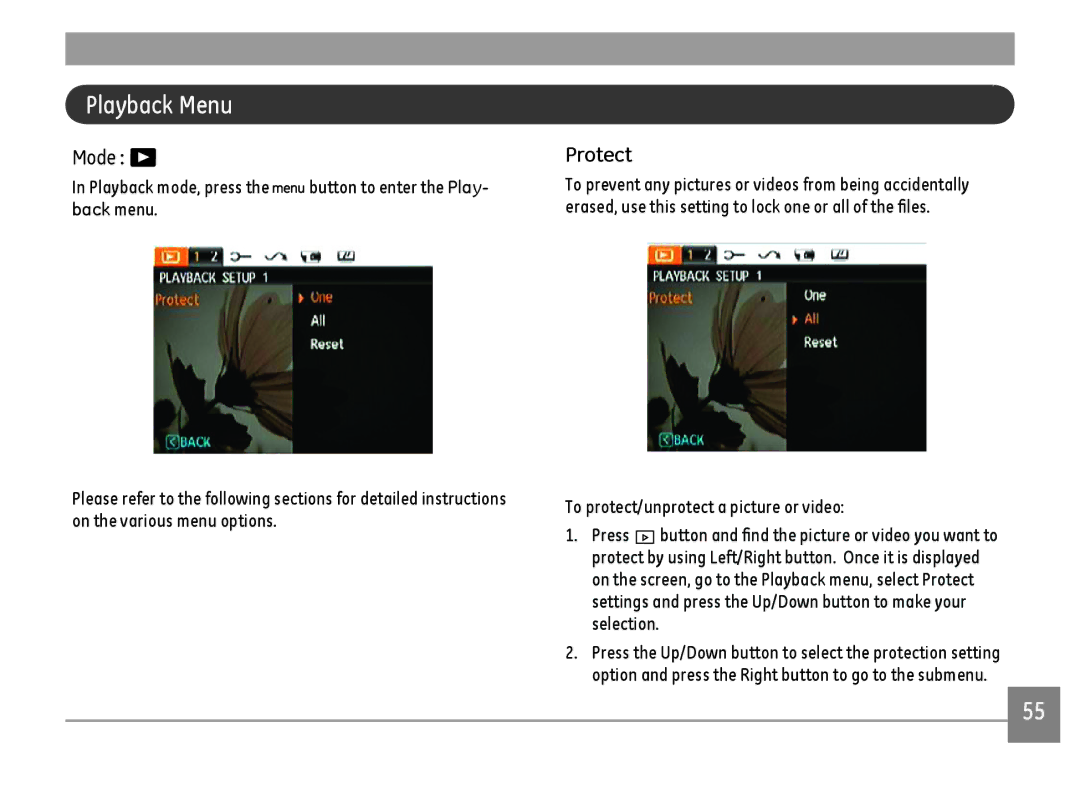 GE A1455-SL, A Series : A1255 user manual Playback Menu, Protect 