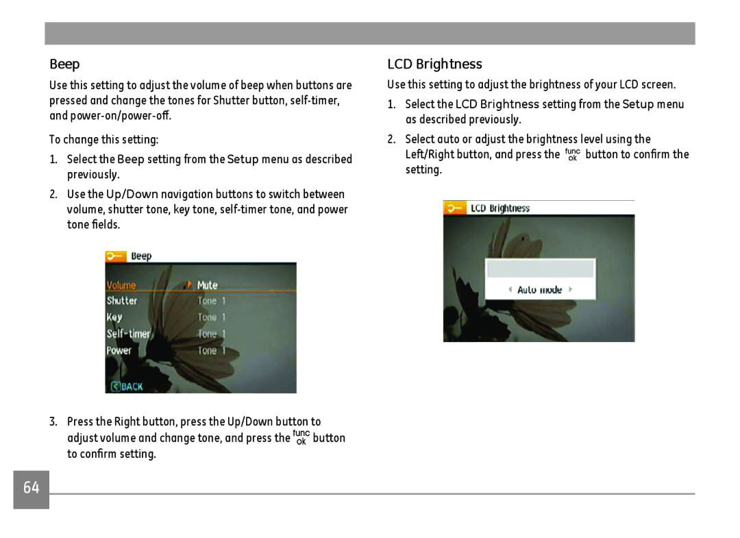 GE A Series : A1255, A1455-SL user manual Beep, LCD Brightness 