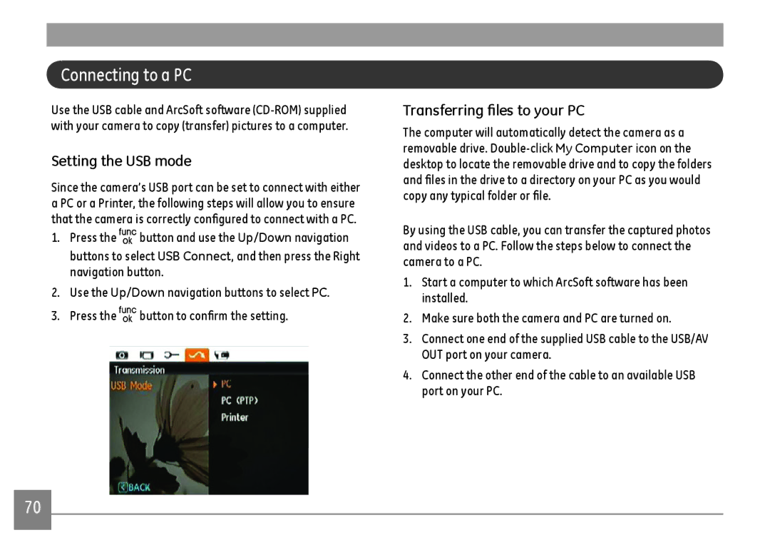 GE A Series : A1255, A1455-SL user manual Connecting to a PC, Setting the USB mode, Transferring files to your PC 