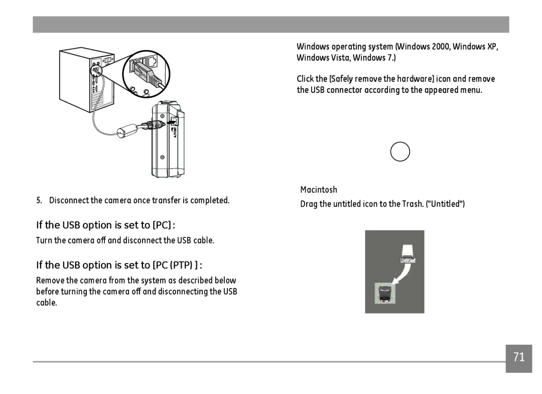 GE A1455-SL, A Series : A1255 user manual If the USB option is set to PC PTP 