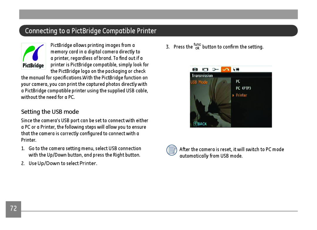 GE A Series : A1255, A1455-SL user manual Connecting to a PictBridge Compatible Printer 