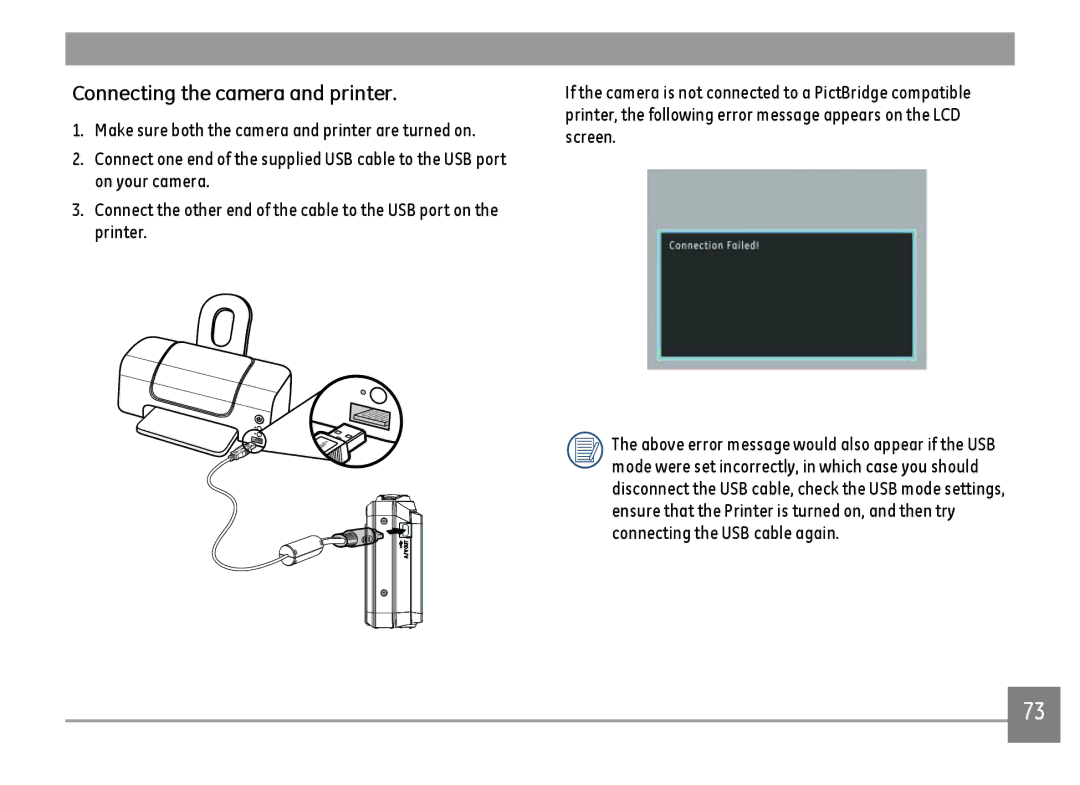 GE A1455-SL, A Series : A1255 user manual Connecting the camera and printer 