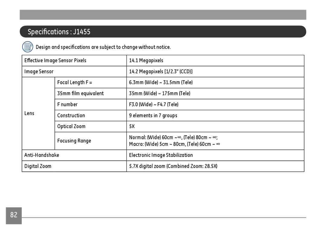 GE A Series : A1255, A1455-SL user manual Specifications J1455 