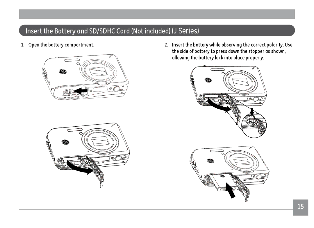 GE A1455RD, A1455SL, A1455BK Insert the Battery and SD/SDHC Card Not included J Series, Open the battery compartment 