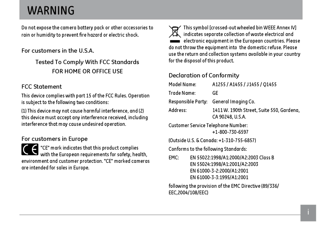 GE A1455BK, A1455RD, A1455SL user manual FCC Statement, For customers in Europe, Declaration of Conformity 