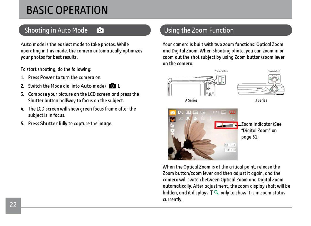 GE A1455SL, A1455RD, A1455BK user manual Basic Operation, Shooting in Auto Mode, Using the Zoom Function 