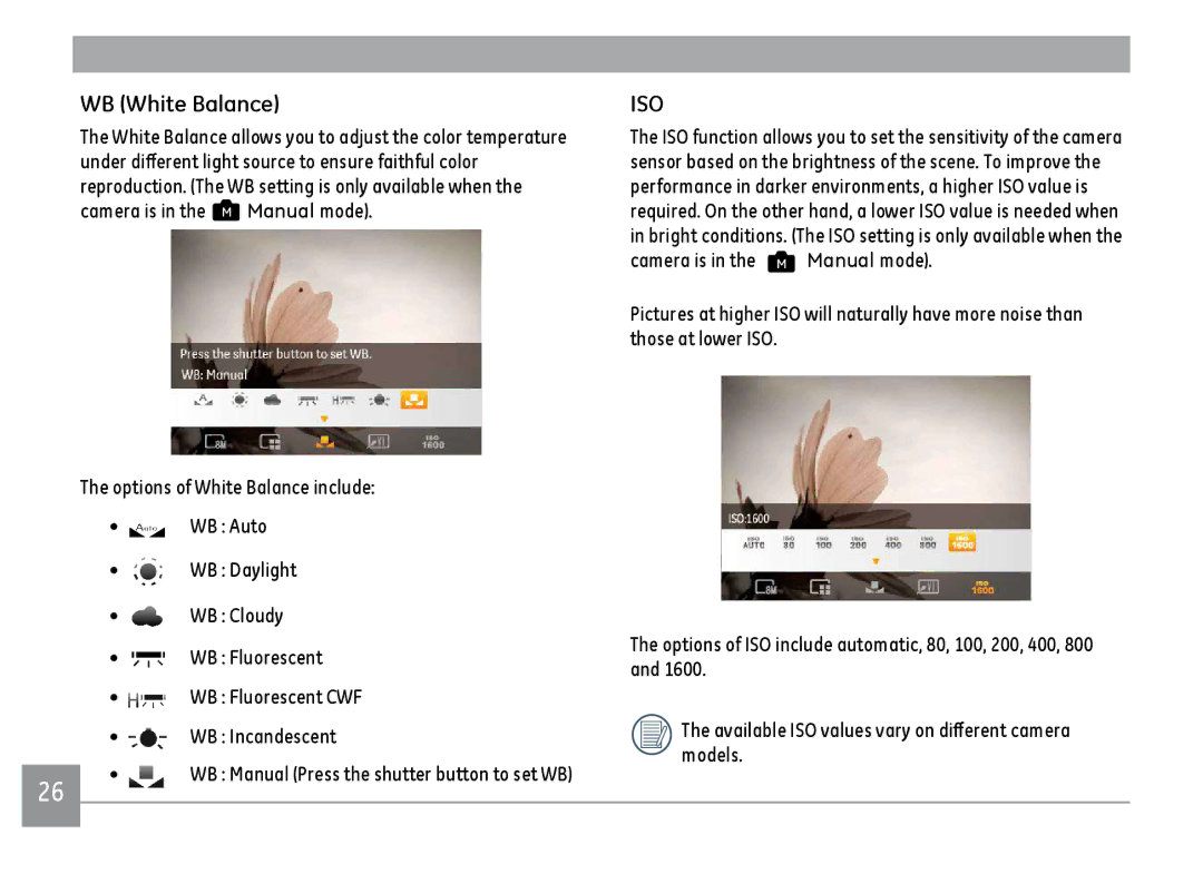 GE A1455BK, A1455RD, A1455SL user manual WB White Balance, Iso 