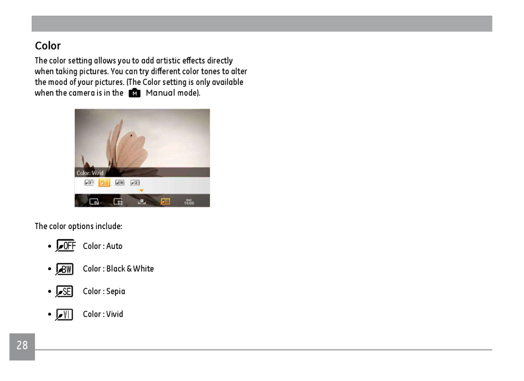 GE A1455SL, A1455RD, A1455BK user manual Color options include Color Auto, Color Sepia Color Vivid 