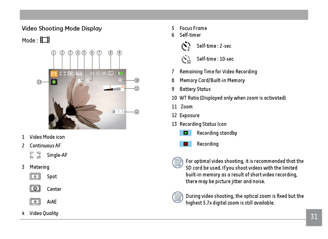 GE A1455SL, A1455RD, A1455BK user manual Video Shooting Mode Display 