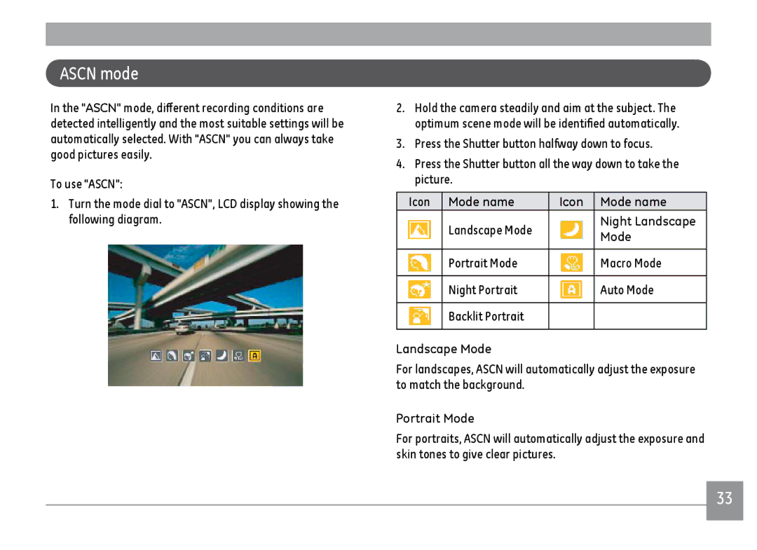 GE A1455RD, A1455SL, A1455BK user manual Ascn mode, Mode name Icon, Landscape Mode, Portrait Mode 