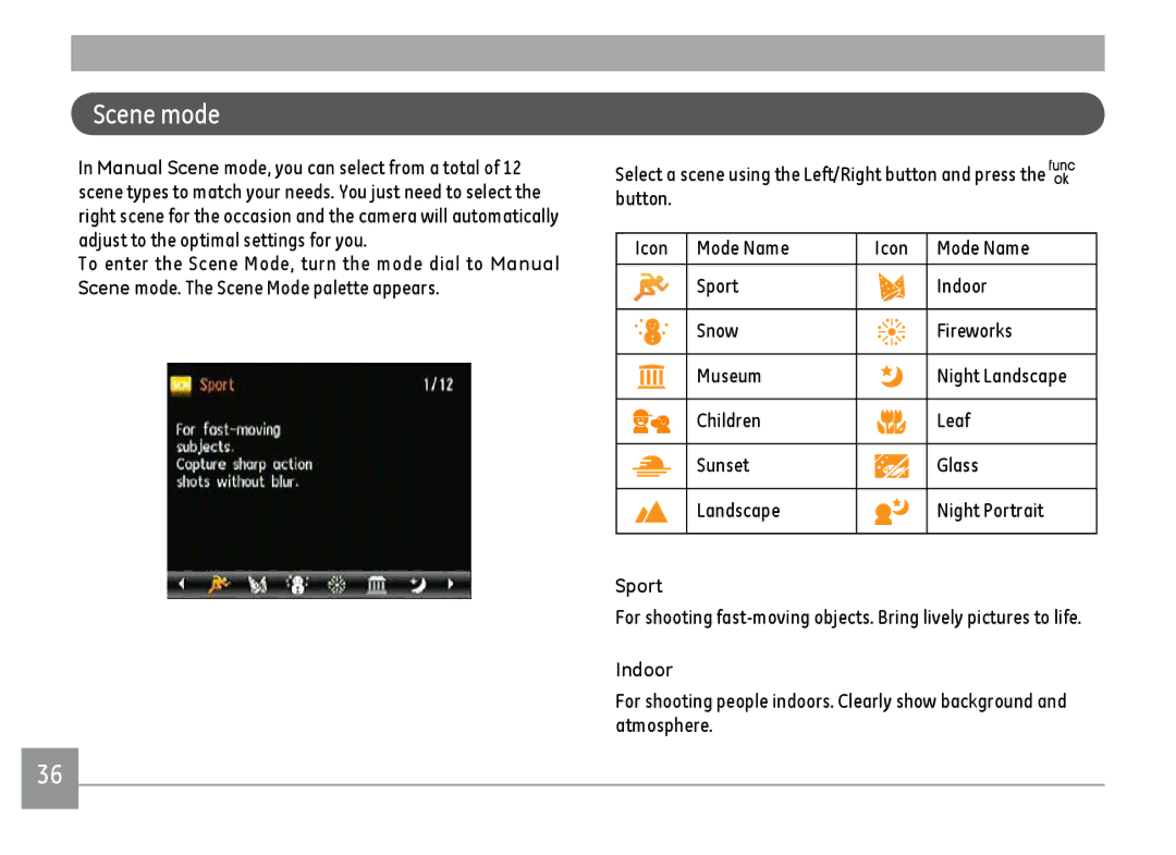 GE A1455RD, A1455SL, A1455BK user manual Scene mode, Sport, Indoor 