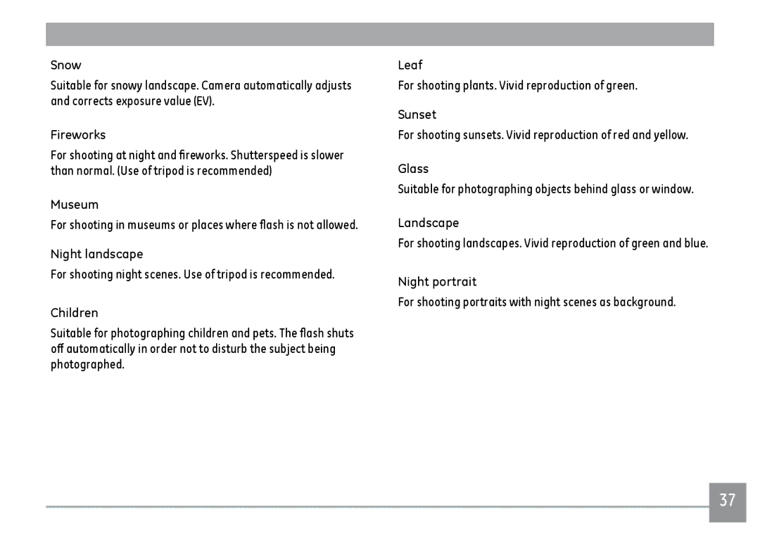 GE A1455SL, A1455RD, A1455BK user manual Snow, Fireworks, Museum, Night landscape, Children, Leaf, Sunset, Glass, Landscape 