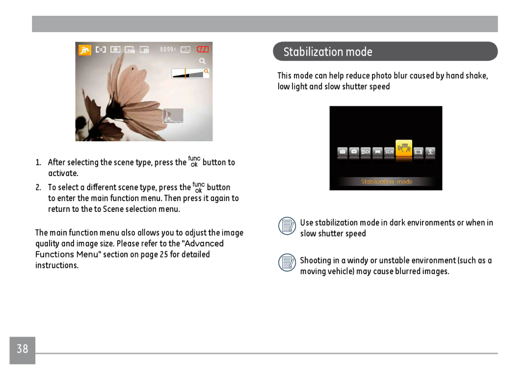 GE A1455BK, A1455RD, A1455SL user manual Stabilization mode, After selecting the scene type, press the button to activate 