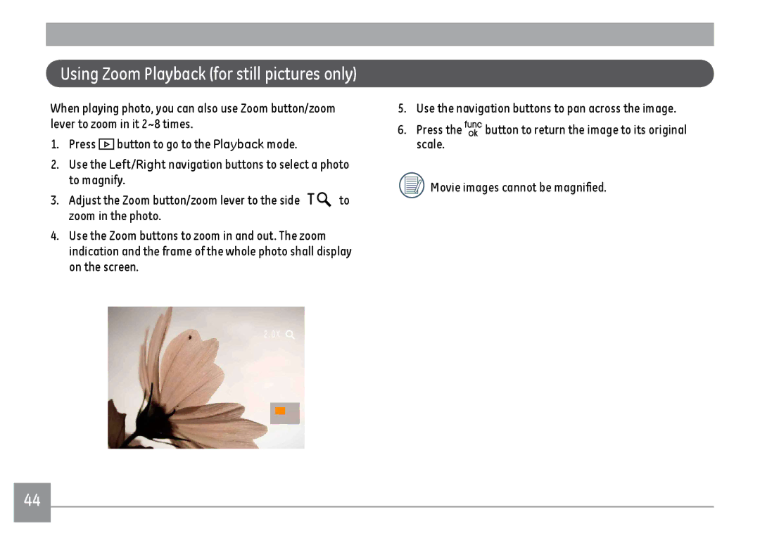 GE A1455BK, A1455RD, A1455SL user manual Using Zoom Playback for still pictures only 