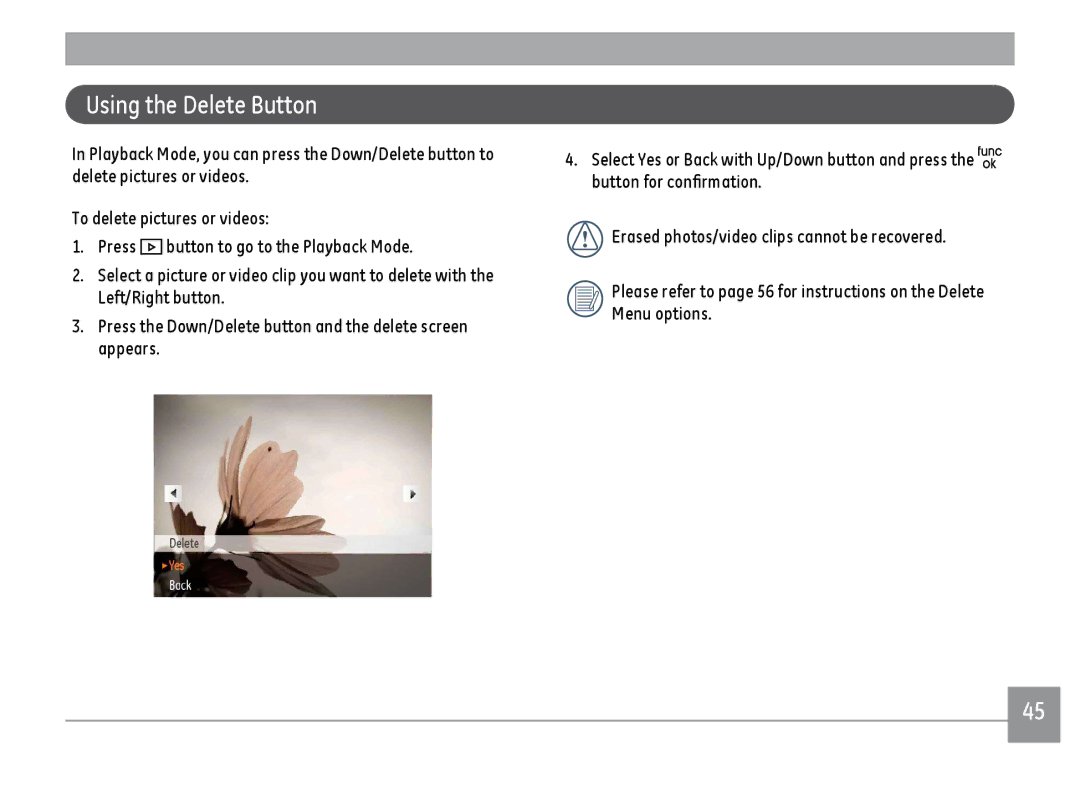 GE A1455RD, A1455SL, A1455BK user manual Using the Delete Button 