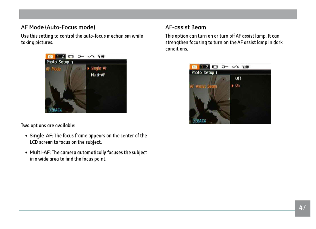 GE A1455BK, A1455RD, A1455SL user manual AF Mode Auto-Focus mode, AF-assist Beam 