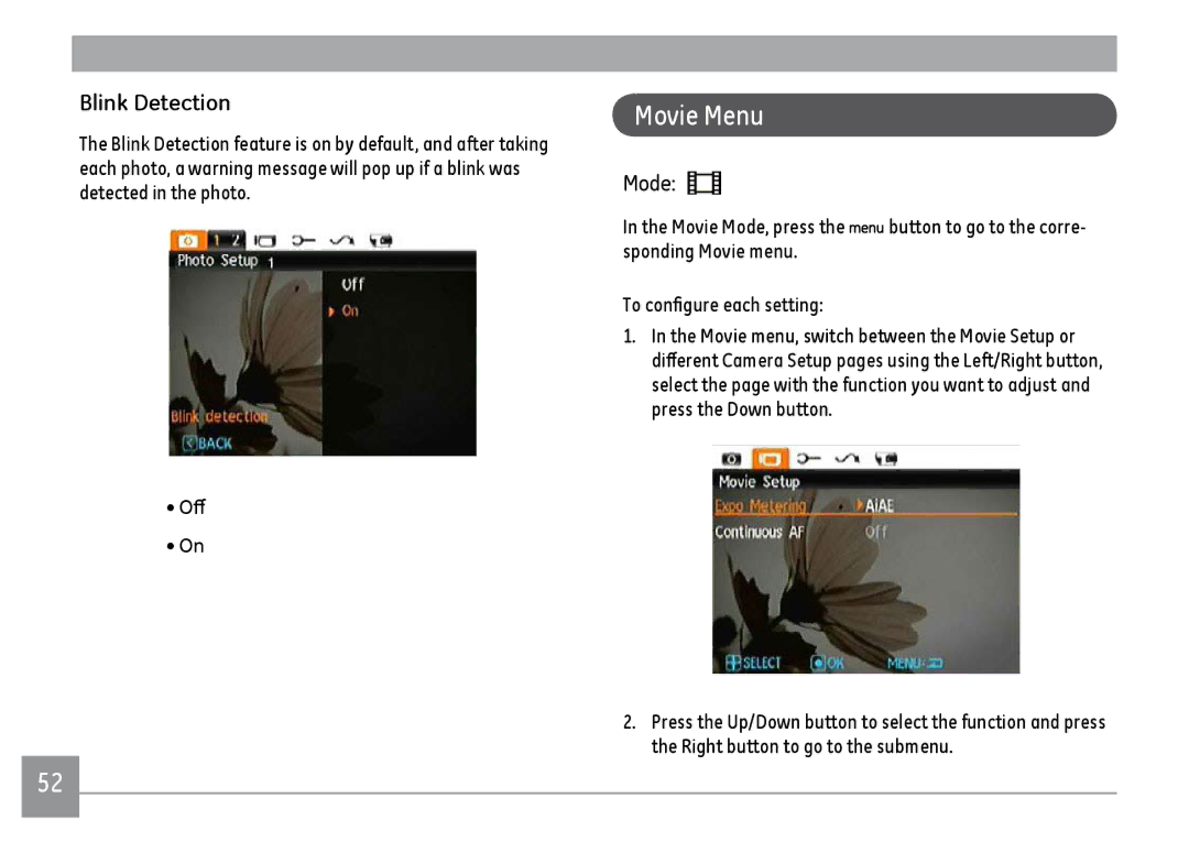 GE A1455SL, A1455RD, A1455BK user manual Movie Menu, Blink Detection, Off 