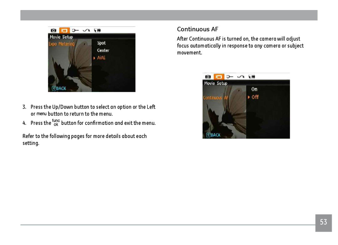 GE A1455BK, A1455RD, A1455SL user manual Continuous AF 