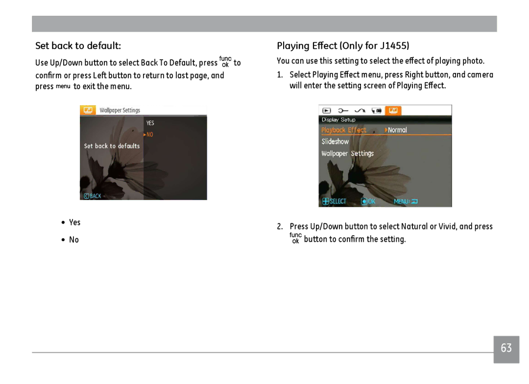 GE A1455RD, A1455SL, A1455BK user manual Set back to default, Playing Effect Only for J1455, Button to confirm the setting 