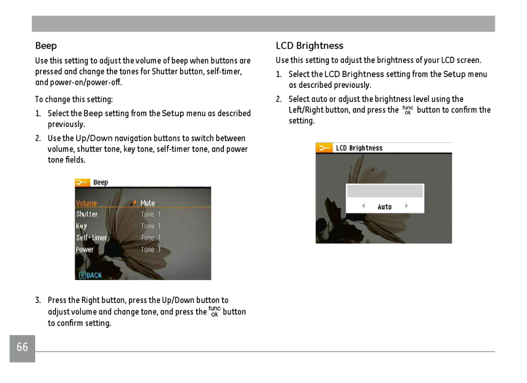 GE A1455RD, A1455SL, A1455BK user manual Beep, LCD Brightness 