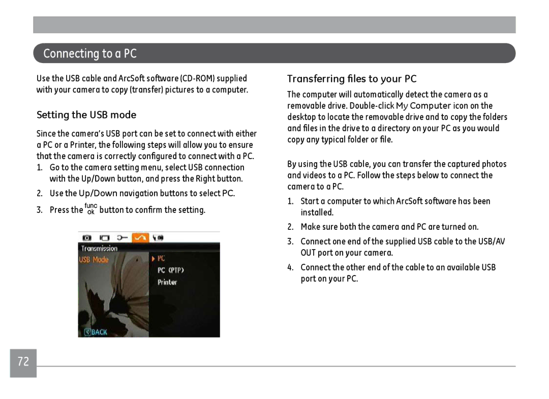 GE A1455RD, A1455SL, A1455BK user manual Connecting to a PC, Setting the USB mode, Transferring files to your PC 