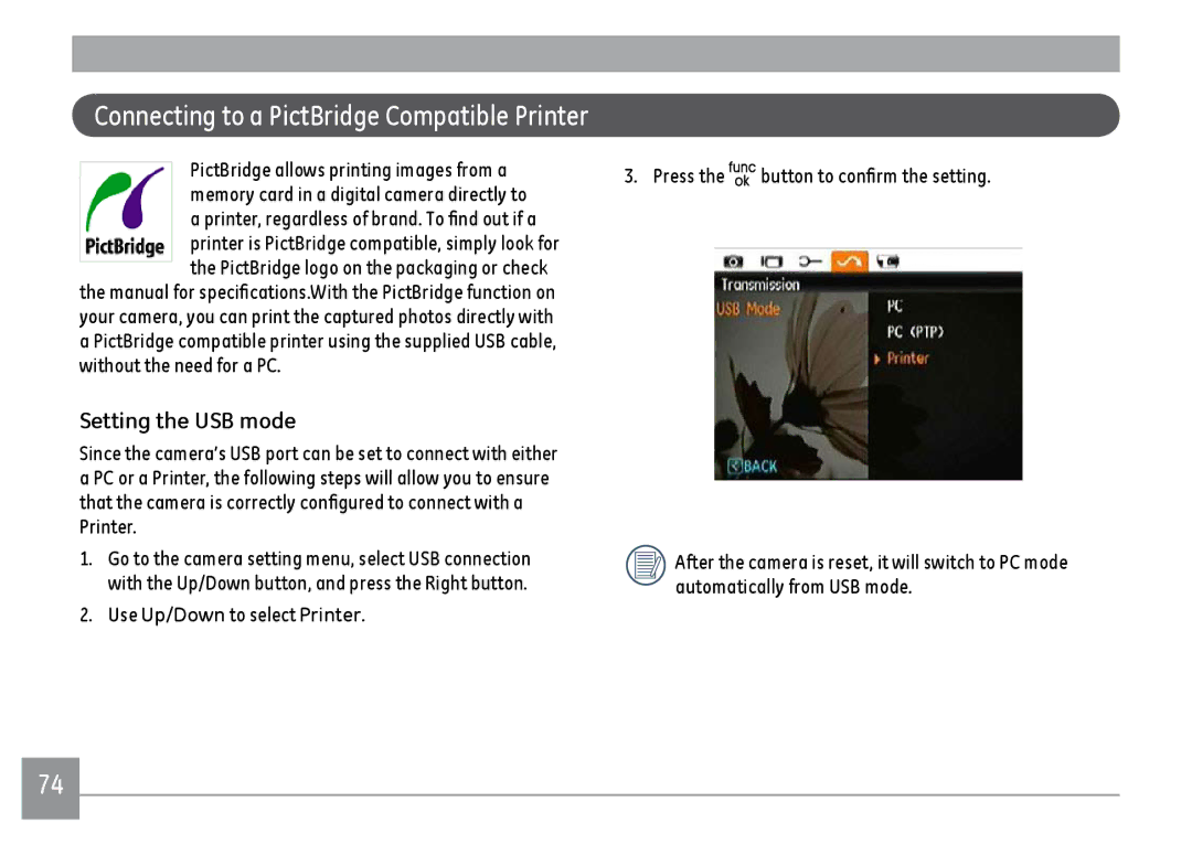 GE A1455BK, A1455RD, A1455SL user manual Connecting to a PictBridge Compatible Printer 