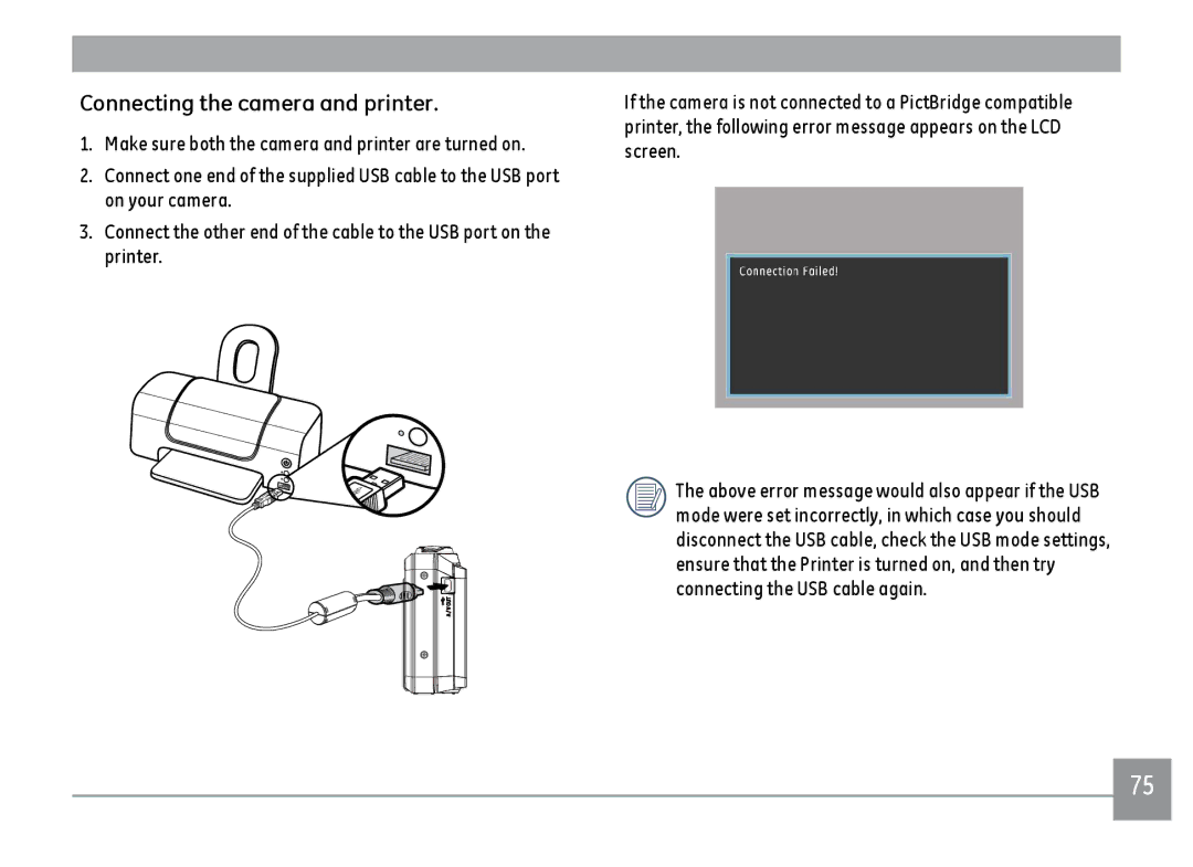 GE A1455RD, A1455SL, A1455BK user manual Connecting the camera and printer 