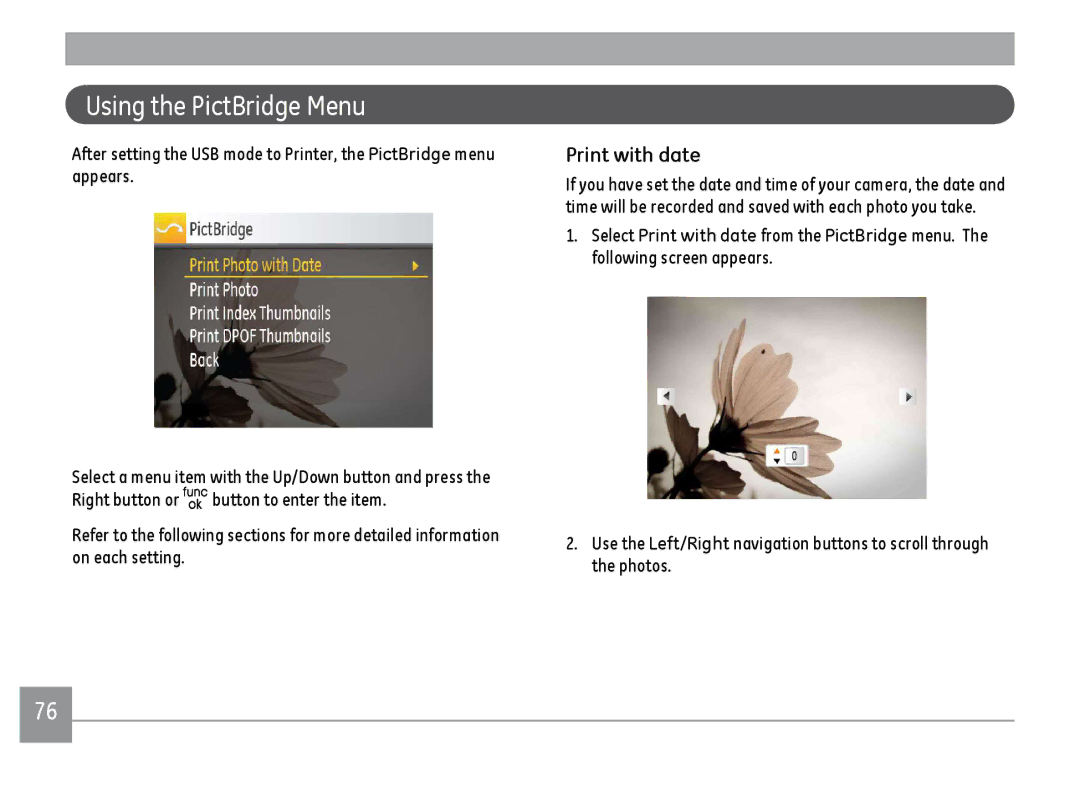 GE A1455SL, A1455RD, A1455BK user manual Using the PictBridge Menu, Print with date 