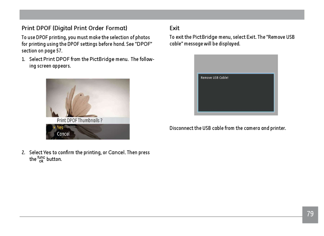 GE A1455SL, A1455RD, A1455BK user manual Print Dpof Digital Print Order Format, Exit 