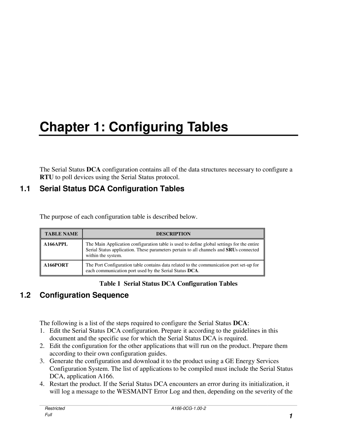 GE A166-0CG manual Configuring Tables, Serial Status DCA Configuration Tables, Configuration Sequence 