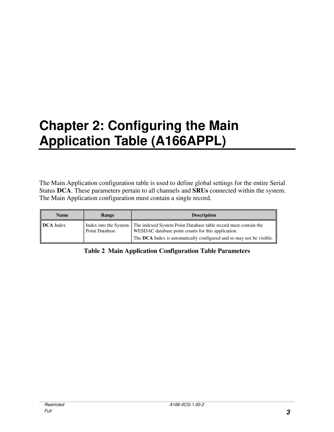 GE A166-0CG manual Configuring the Main Application Table A166APPL, Name Range Description 