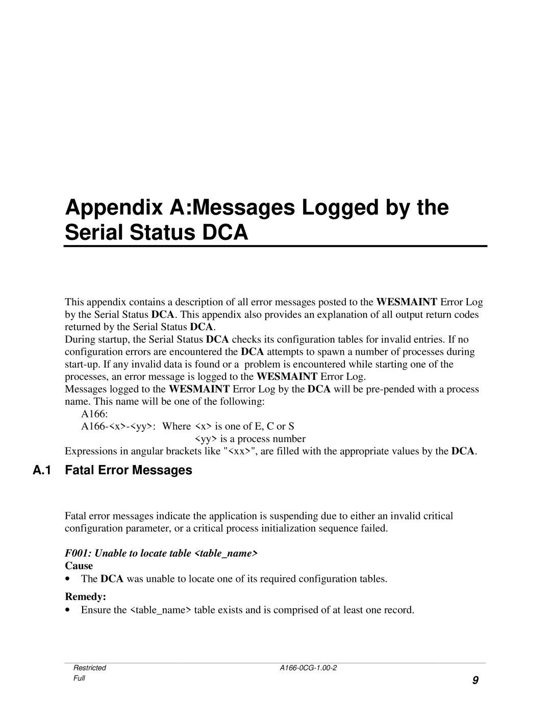 GE A166-0CG manual Appendix AMessages Logged by the Serial Status DCA, Fatal Error Messages 