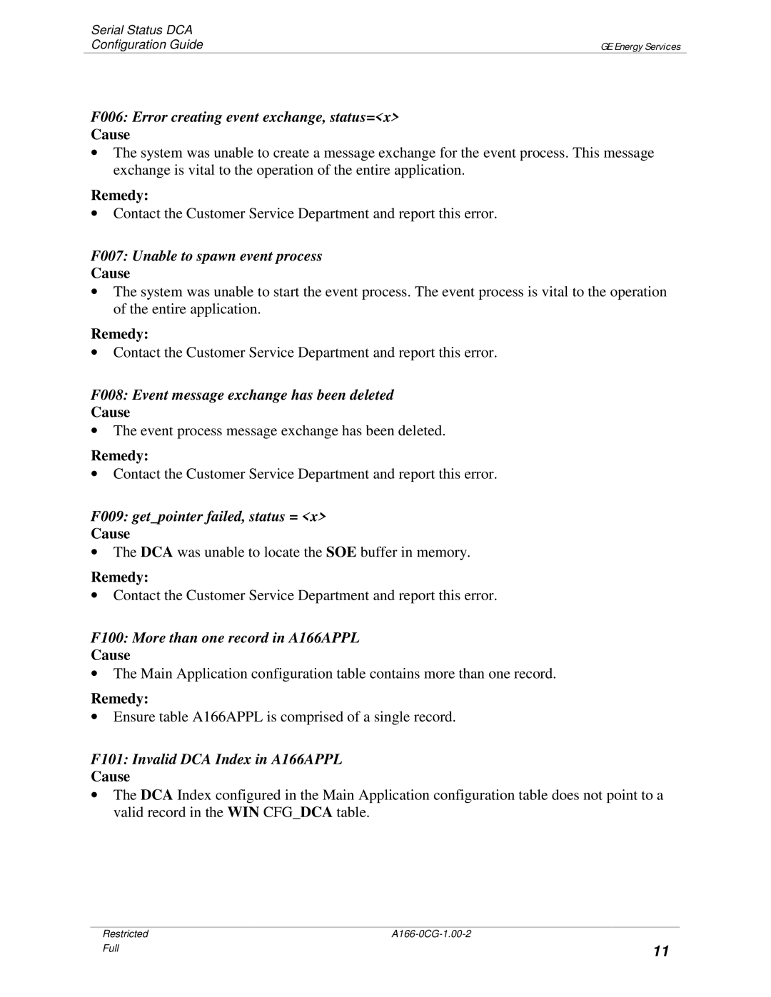 GE A166-0CG manual F006 Error creating event exchange, status=x, F007 Unable to spawn event process 