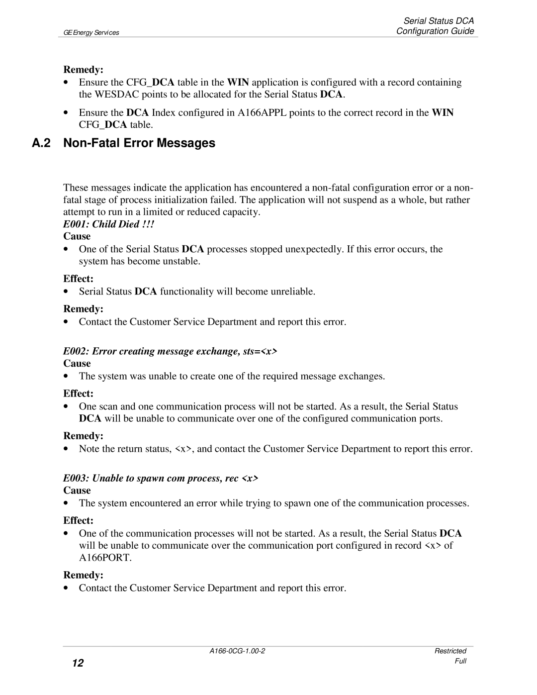 GE A166-0CG manual Non-Fatal Error Messages, E001 Child Died, E002 Error creating message exchange, sts=x 