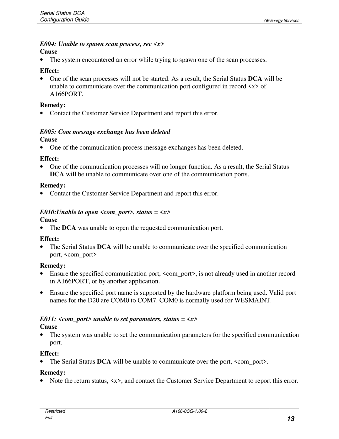 GE A166-0CG manual E004 Unable to spawn scan process, rec, E005 Com message exchange has been deleted 
