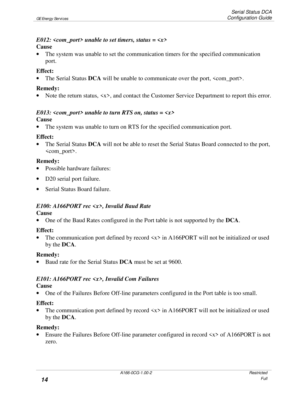 GE A166-0CG manual E012 comport unable to set timers, status =, E013 comport unable to turn RTS on, status = 