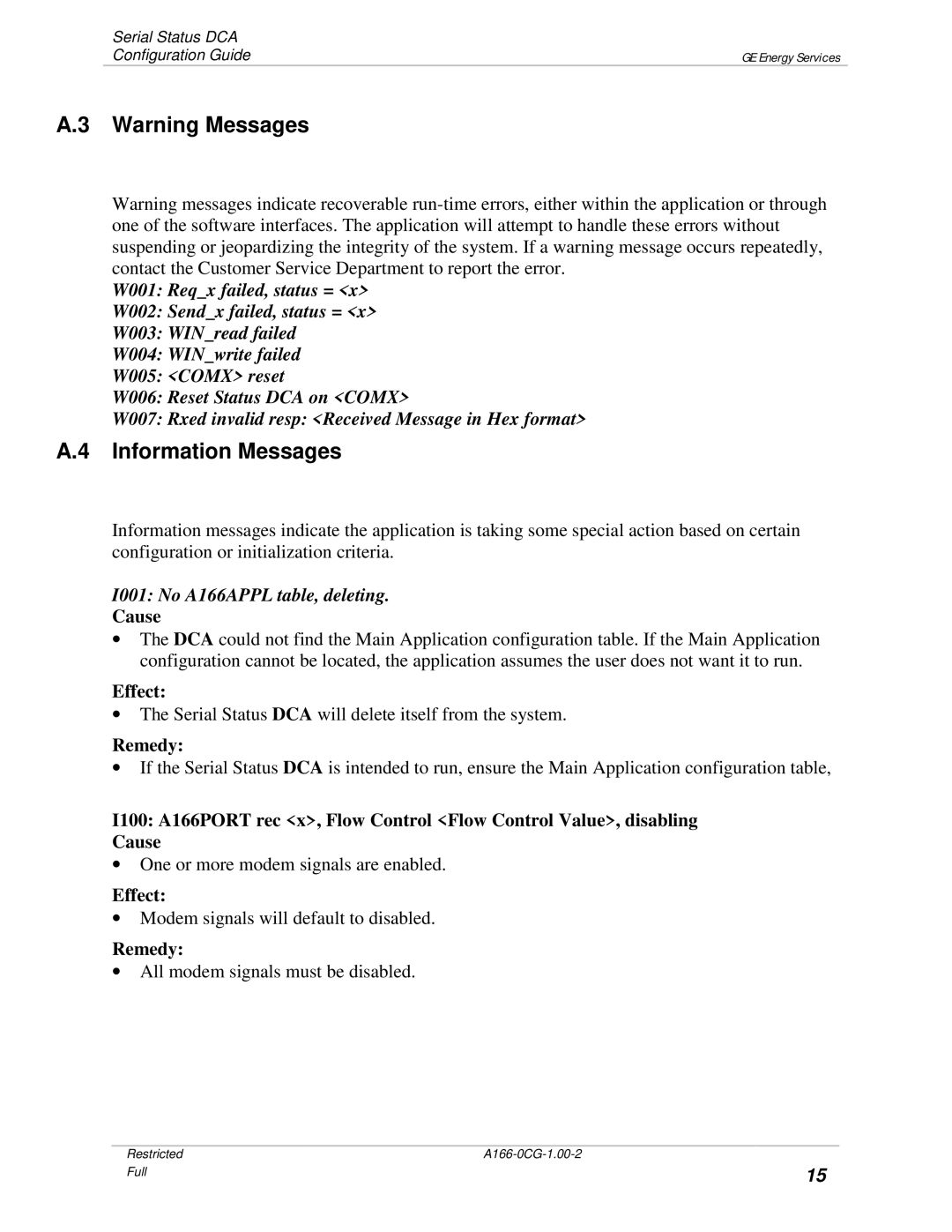 GE A166-0CG manual Information Messages, I001 No A166APPL table, deleting 