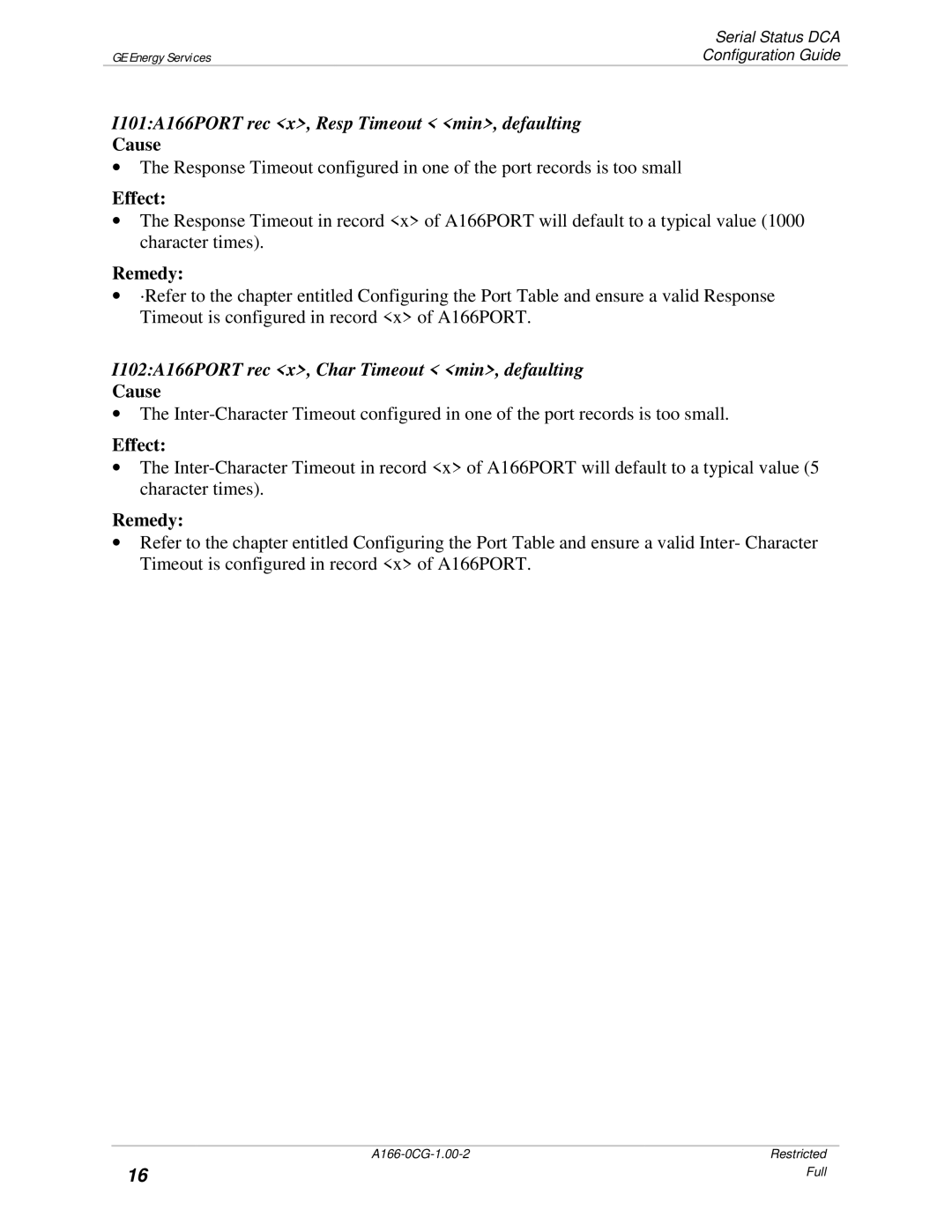 GE A166-0CG manual I101A166PORT rec x, Resp Timeout min, defaulting, I102A166PORT rec x, Char Timeout min, defaulting 