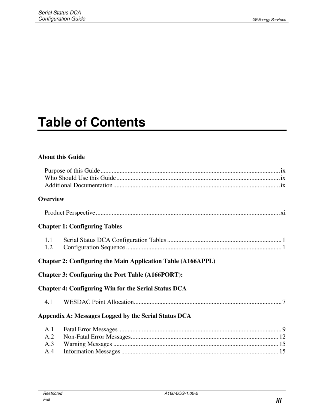 GE A166-0CG manual Table of Contents 