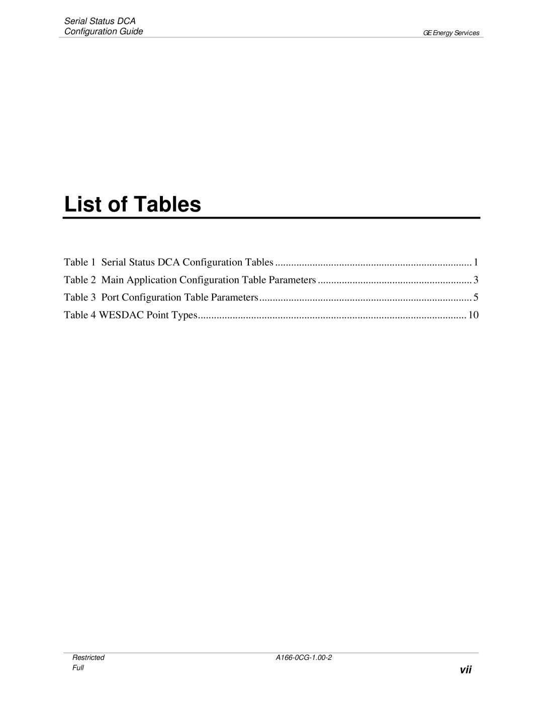 GE A166-0CG manual List of Tables 