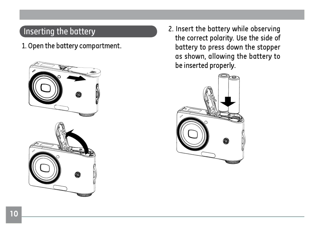 GE A830, A730 manual Inserting the battery, Open the battery compartment 