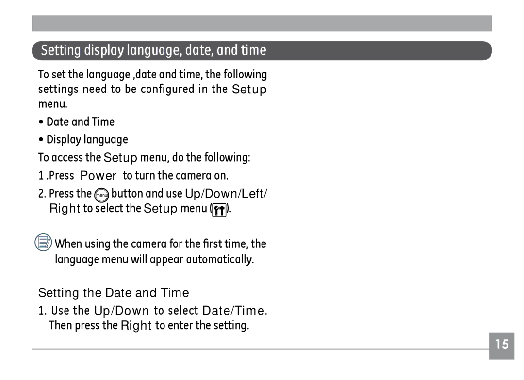 GE A730, A830 manual Setting display language, date, and time, Setting the Date and Time 