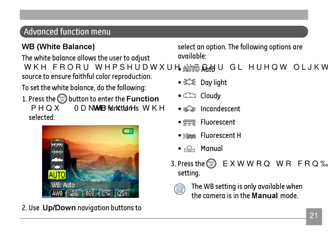 GE A730, A830 manual Advanced function menu, WB White Balance 