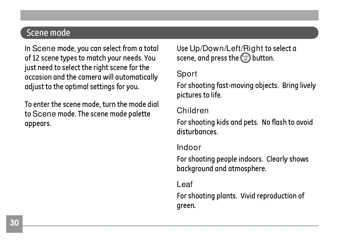 GE A830, A730 manual Scene mode, Sport, Children, Indoor, Leaf 