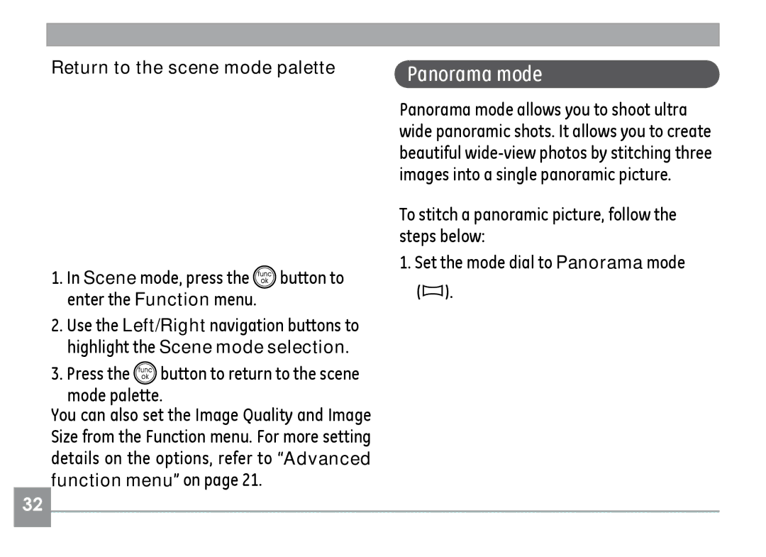 GE A830, A730 Panorama mode, Return to the scene mode palette, Scene mode, press the button to enter the Function menu 