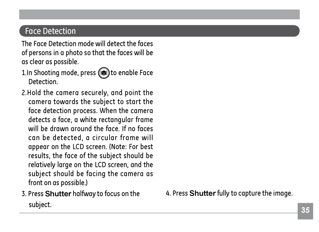 GE A730, A830 manual Face Detection, Results, the face of the subject should be 