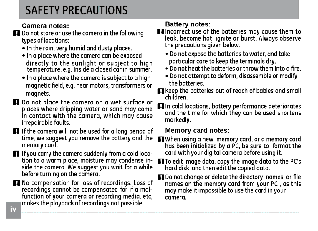 GE A830, A730 manual Safety Precautions 