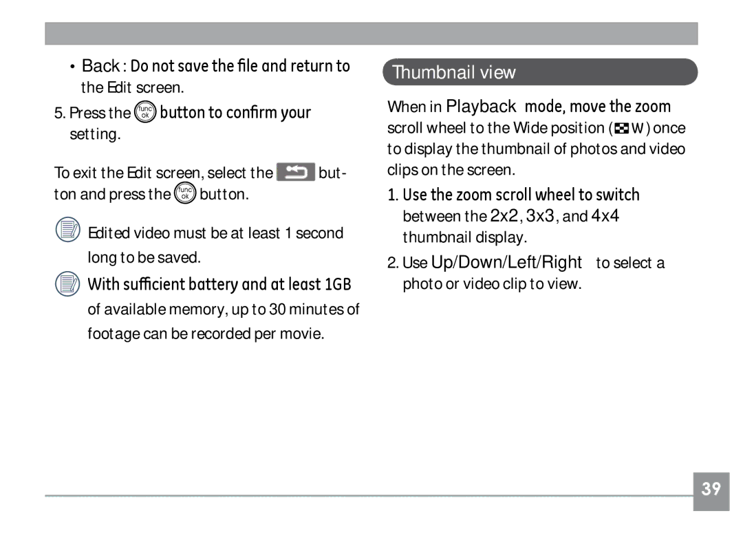 GE A730, A830 manual Thumbnail view, Edited video must be at least 1 second long to be saved 