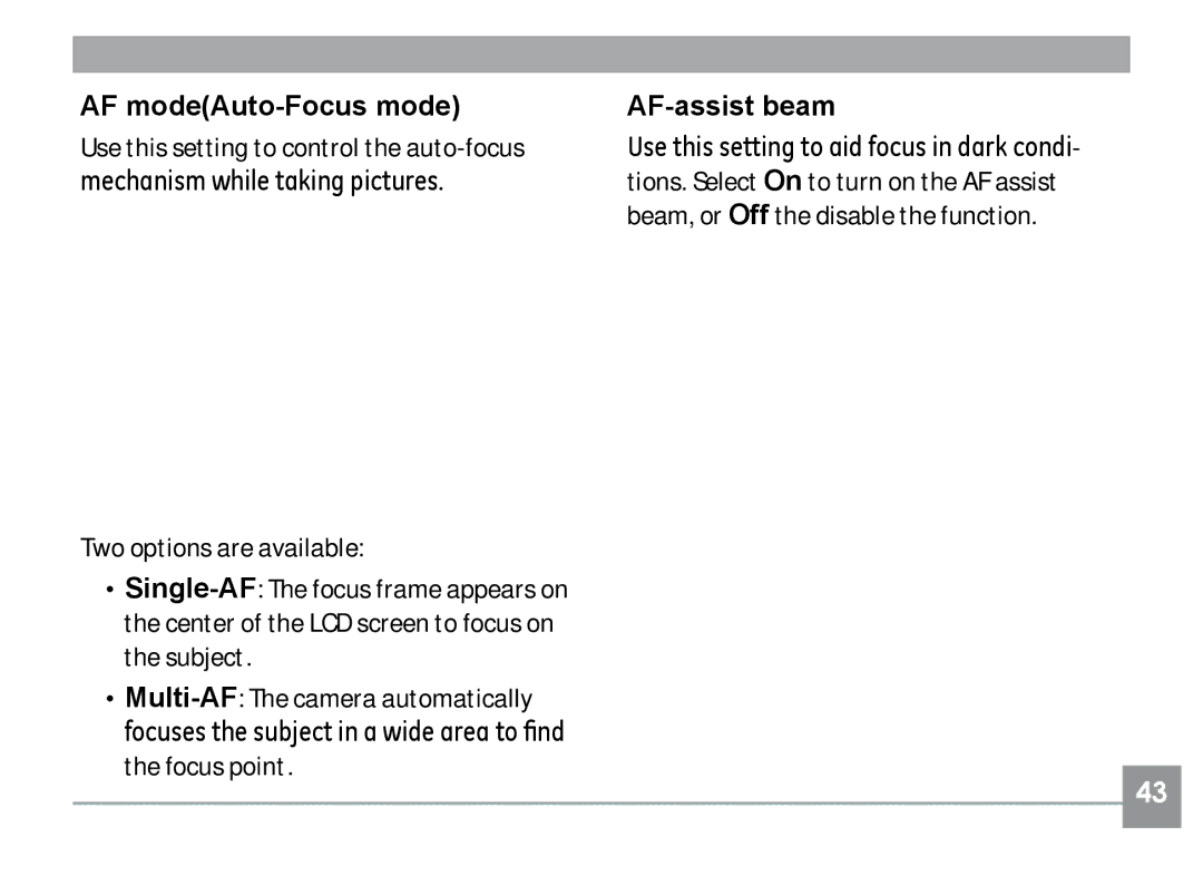 GE A730, A830 manual AF modeAuto-Focus mode, AF-assist beam 