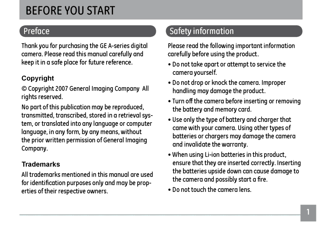 GE A730, A830 manual Preface, Safety information 